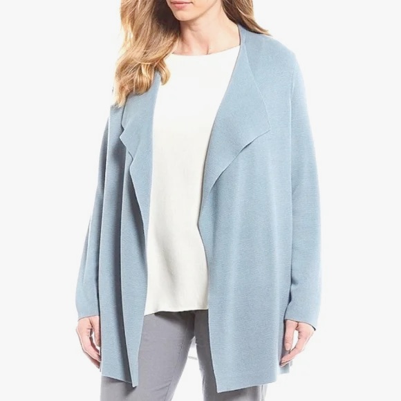 Eileen Fisher Silk Cotton Interlock Long Shaped Cardigan Delphine Blue M